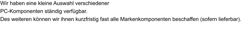 Wir haben eine kleine Auswahl verschiedener  PC-Komponenten ständig verfügbar. Des weiteren können wir ihnen kurzfristig fast alle Markenkomponenten beschaffen (sofern lieferbar).